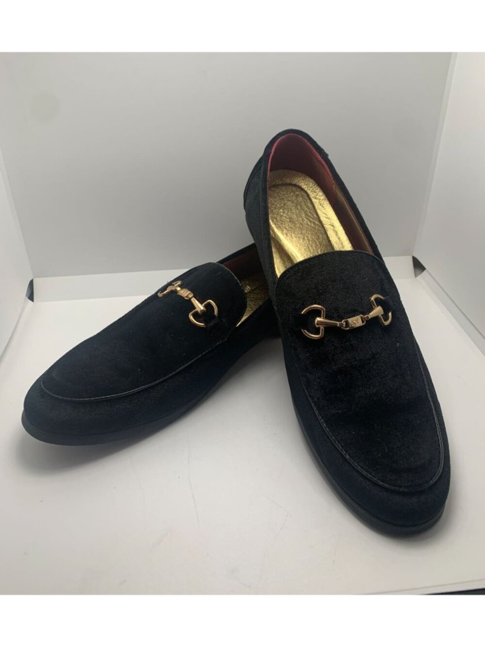 Black Velvet Loafers With Gold Bit Detail & Red Lining Mens Size 45 11.5